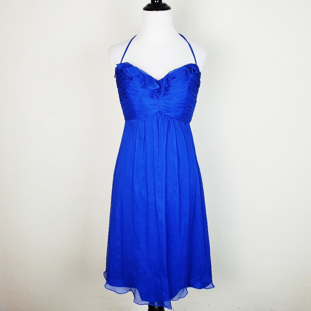 Amsale Dress Gown Prom Silk Ruffle Halter Neck Blue Bridesmaids Formal Prom